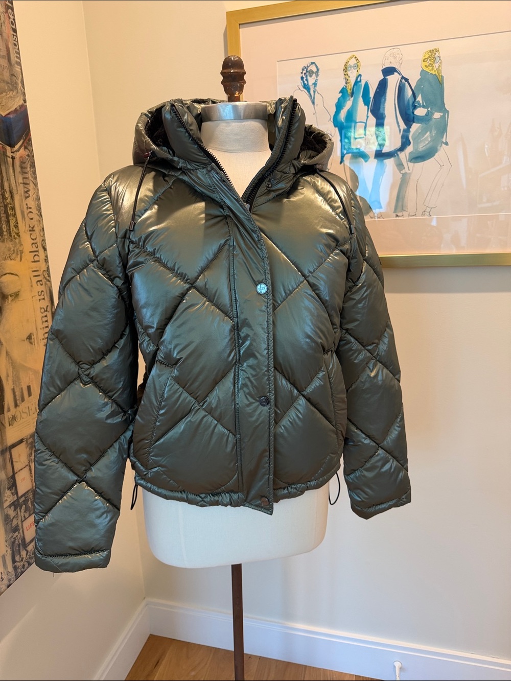 DKNY Olive Green Diamond Quilted Hooded Puffer Jacket